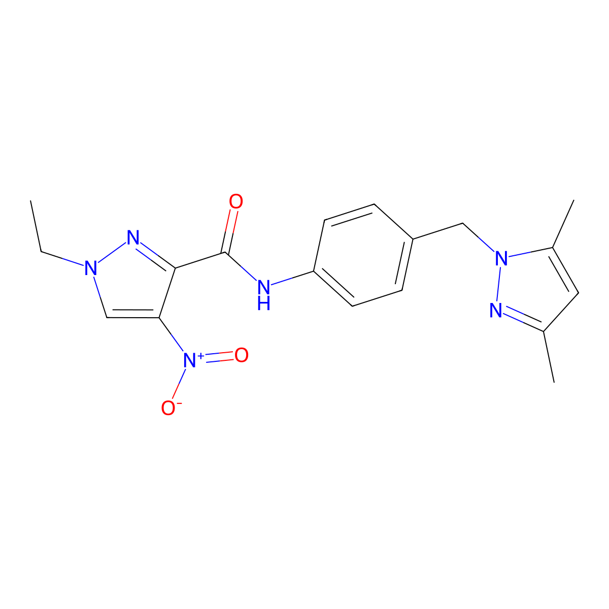 N-{4-[(3,5-dimethyl-1H-pyrazol-1-yl)methyl]phenyl}-1-ethyl-4-nitro-1H-pyrazole-3-carboxamide molecular structure, CAS 512815-65-5