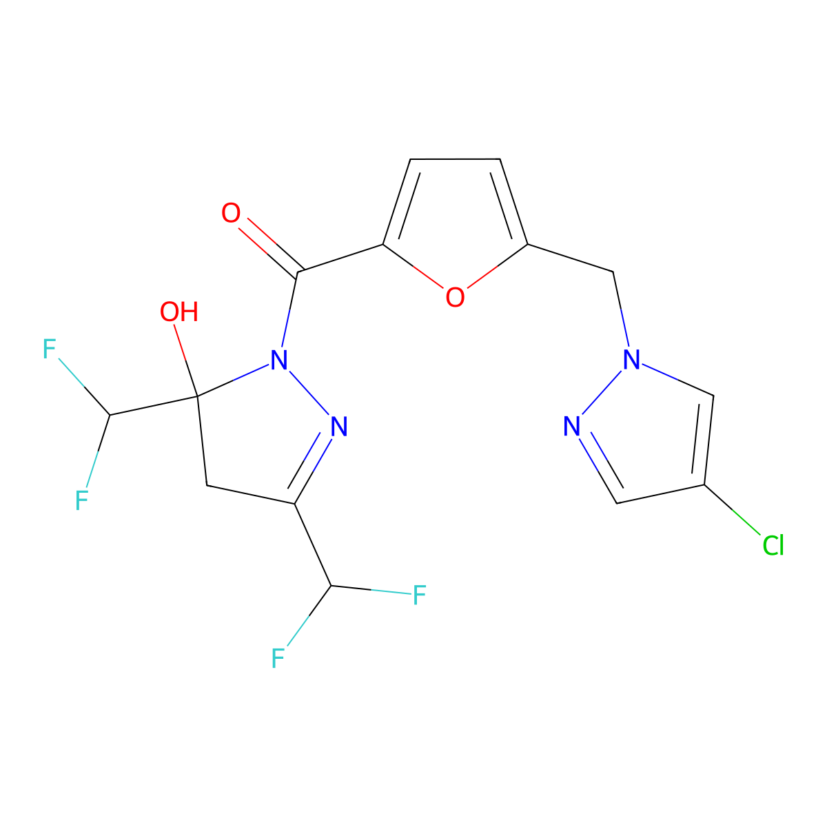 [3,5-bis(difluoromethyl)-5-hydroxy-4H-pyrazol-1-yl]-[5-[(4-chloropyrazol-1-yl)methyl]furan-2-yl]methanone molecular structure, CAS 512815-75-7