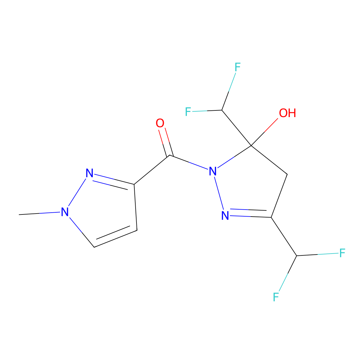 [3,5-bis(difluoromethyl)-5-hydroxy-4H-pyrazol-1-yl]-(1-methylpyrazol-3-yl)methanone molecular structure, CAS 512815-88-2