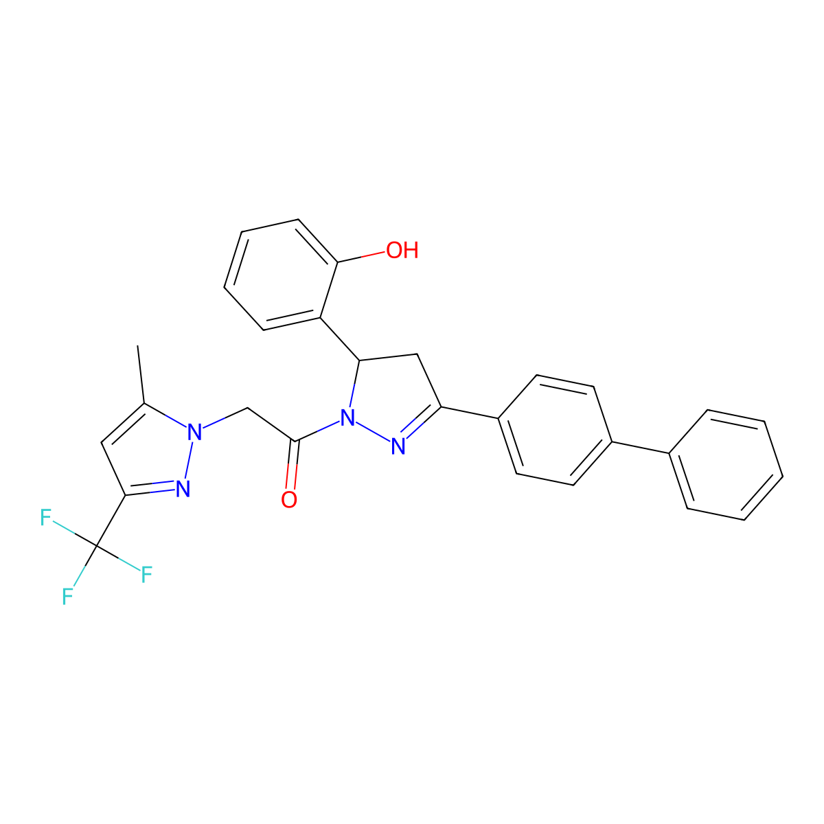 1-[3-(2-Hydroxyphenyl)-5-(4-phenylphenyl)-3,4-dihydropyrazol-2-yl]-2-[5-methyl-3-(trifluoromethyl)pyrazol-1-yl]ethanone molecular structure, CAS 512815-92-8