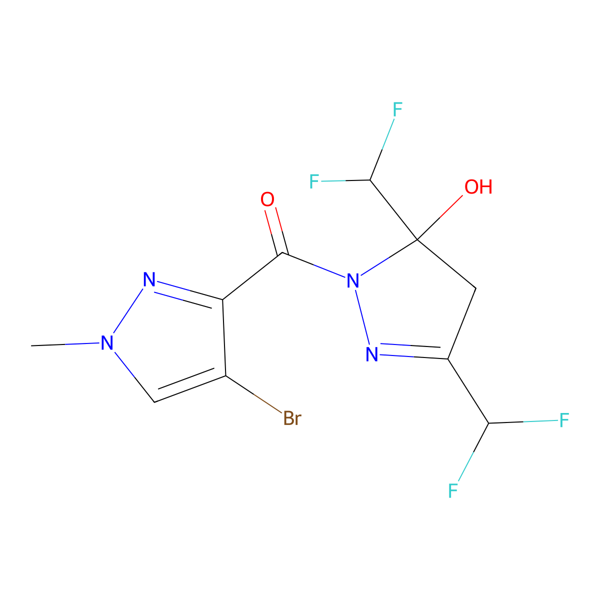 [3,5-bis(difluoromethyl)-5-hydroxy-4H-pyrazol-1-yl]-(4-bromo-1-methylpyrazol-3-yl)methanone molecular structure, CAS 512815-94-0