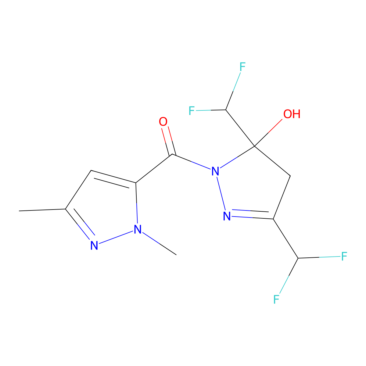 [3,5-bis(difluoromethyl)-5-hydroxy-4H-pyrazol-1-yl]-(2,5-dimethylpyrazol-3-yl)methanone molecular structure, CAS 512815-99-5