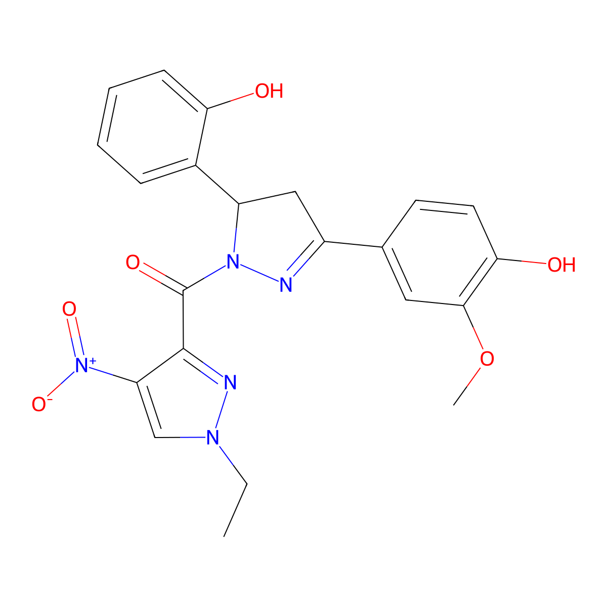 4-[1-({1-ethyl-4-nitro-1H-pyrazol-3-yl}carbonyl)-5-(2-hydroxyphenyl)-4,5-dihydro-1H-pyrazol-3-yl]-2-methoxyphenol molecular structure, CAS 512816-10-3