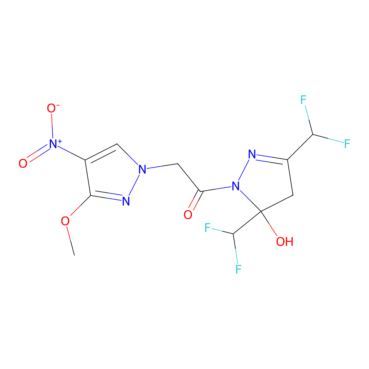 1-[3,5-bis(difluoromethyl)-5-hydroxy-4H-pyrazol-1-yl]-2-(3-methoxy-4-nitropyrazol-1-yl)ethanone molecular structure, CAS 512816-15-8
