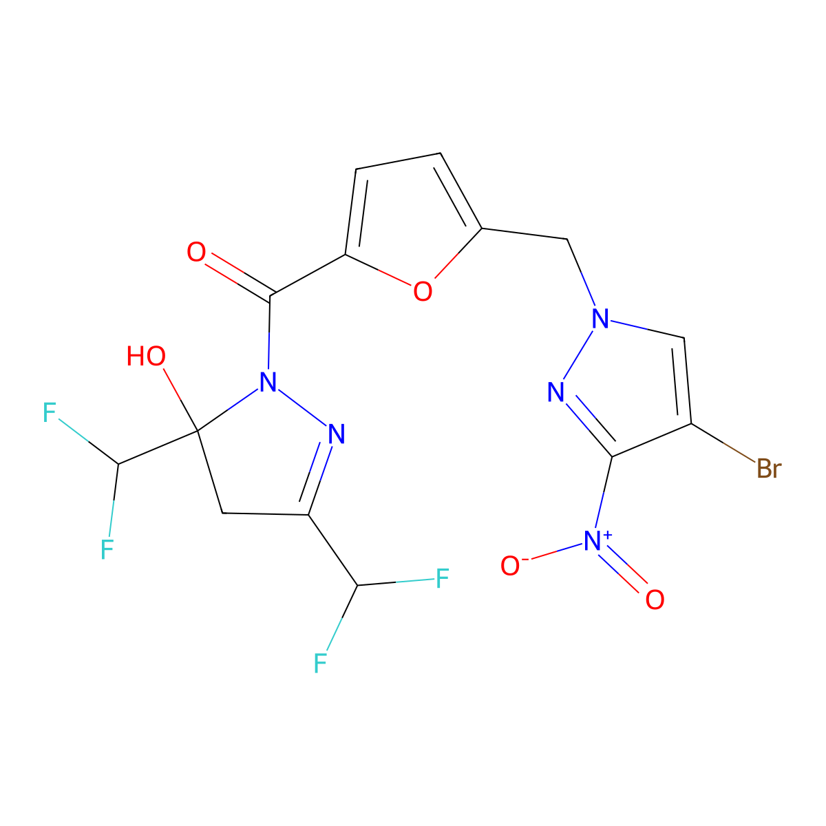 [3,5-bis(difluoromethyl)-5-hydroxy-4H-pyrazol-1-yl]-[5-[(4-bromo-3-nitropyrazol-1-yl)methyl]furan-2-yl]methanone molecular structure, CAS 512816-17-0