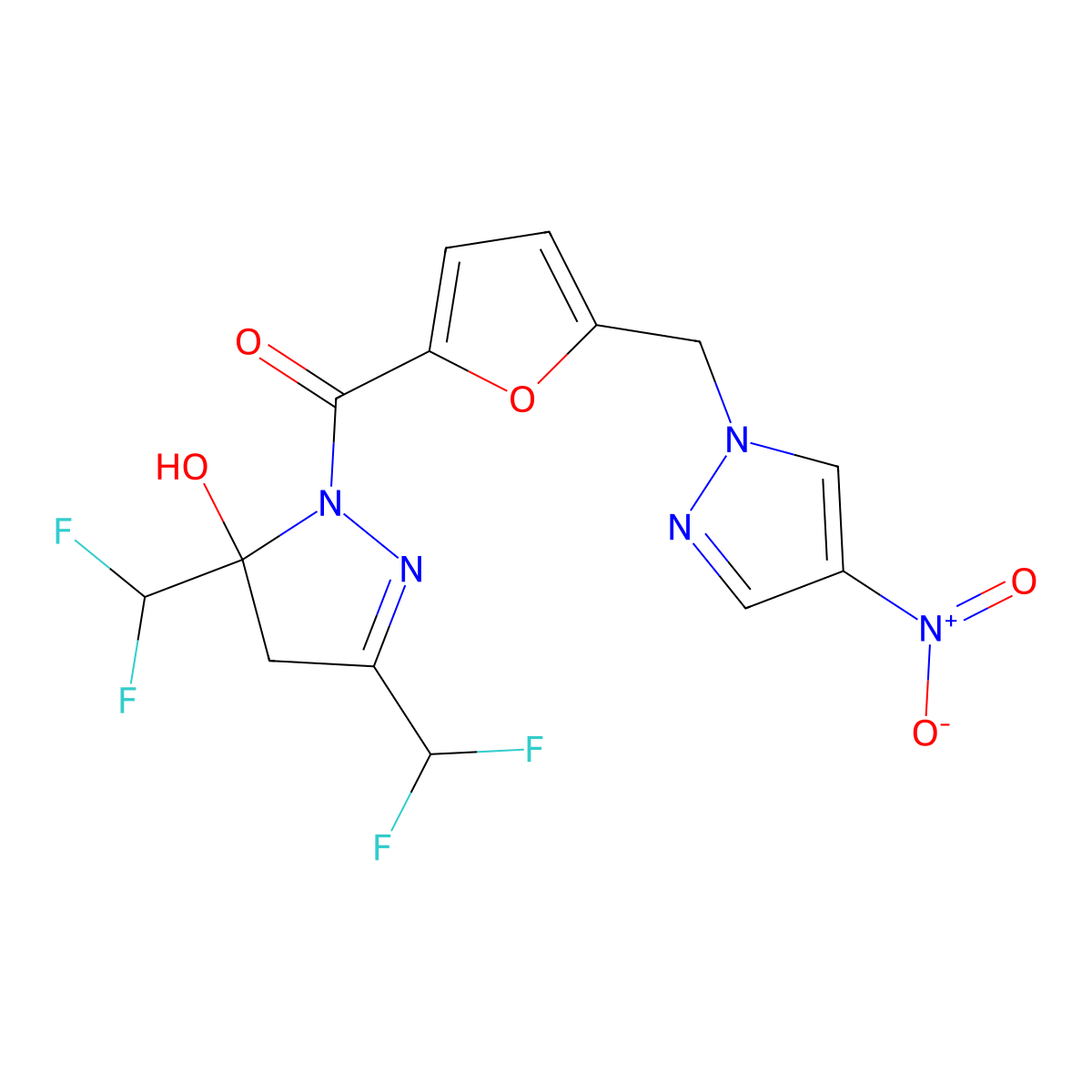[3,5-bis(difluoromethyl)-5-hydroxy-4H-pyrazol-1-yl]-[5-[(4-nitropyrazol-1-yl)methyl]furan-2-yl]methanone molecular structure, CAS 512816-22-7