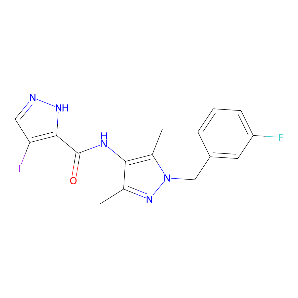 N-[1-(3-fluorobenzyl)-3,5-dimethyl-1H-pyrazol-4-yl]-4-iodo-1H-pyrazole-3-carboxamide molecular structure, CAS 512816-23-8