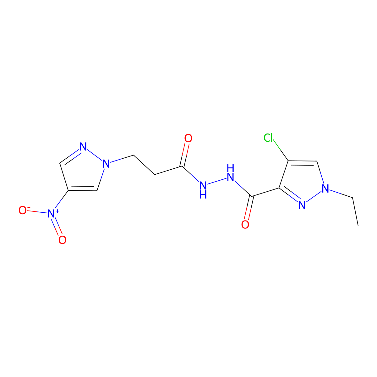 4-chloro-1-ethyl-N'-[3-(4-nitropyrazol-1-yl)propanoyl]pyrazole-3-carbohydrazide molecular structure, CAS 512816-24-9