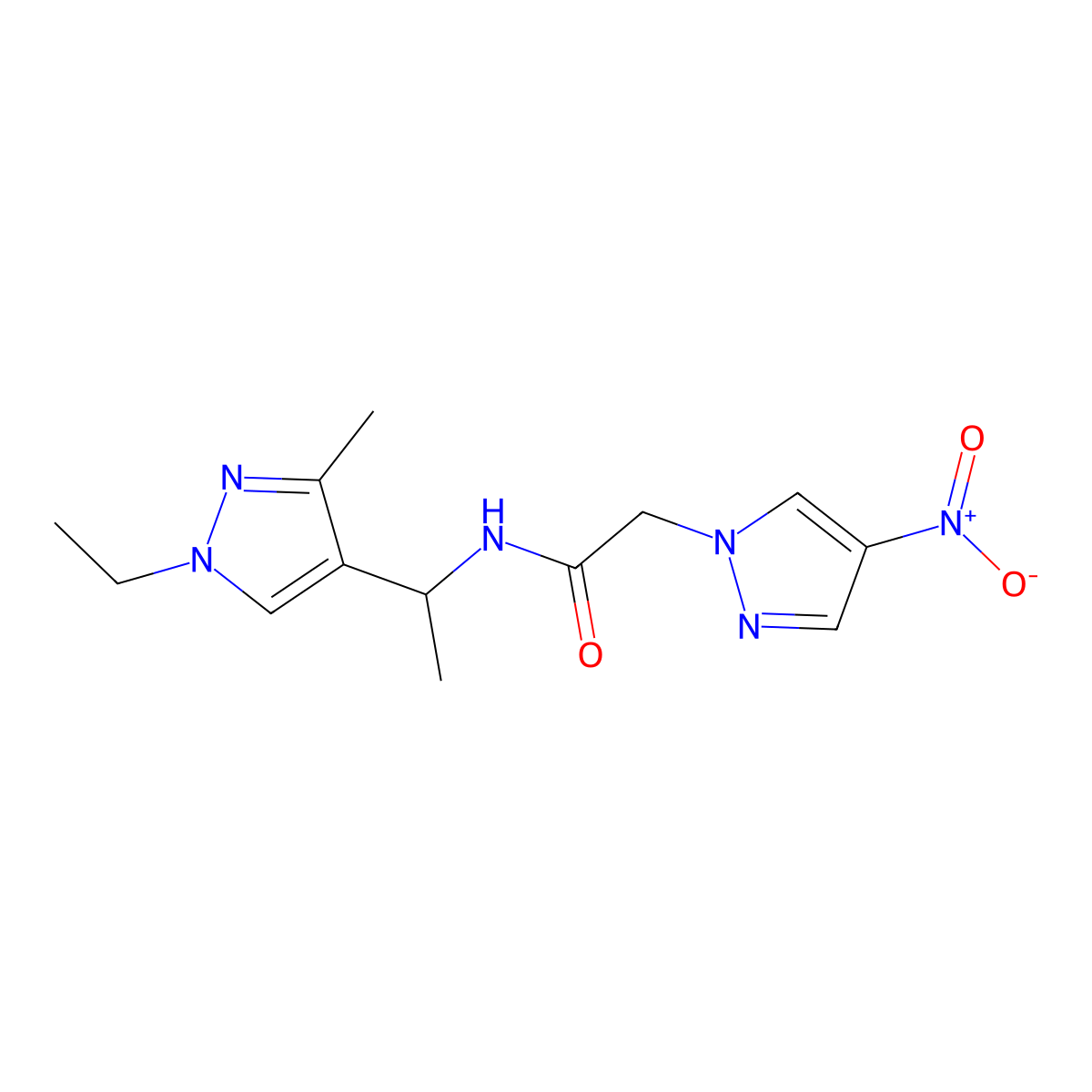 N-[1-(1-ethyl-3-methylpyrazol-4-yl)ethyl]-2-(4-nitropyrazol-1-yl)acetamide molecular structure, CAS 512816-25-0
