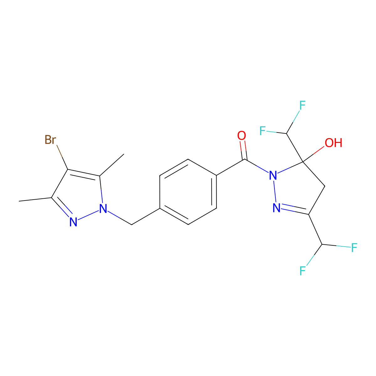 [3,5-bis(difluoromethyl)-5-hydroxy-4H-pyrazol-1-yl]-[4-[(4-bromo-3,5-dimethylpyrazol-1-yl)methyl]phenyl]methanone molecular structure, CAS 512816-27-2