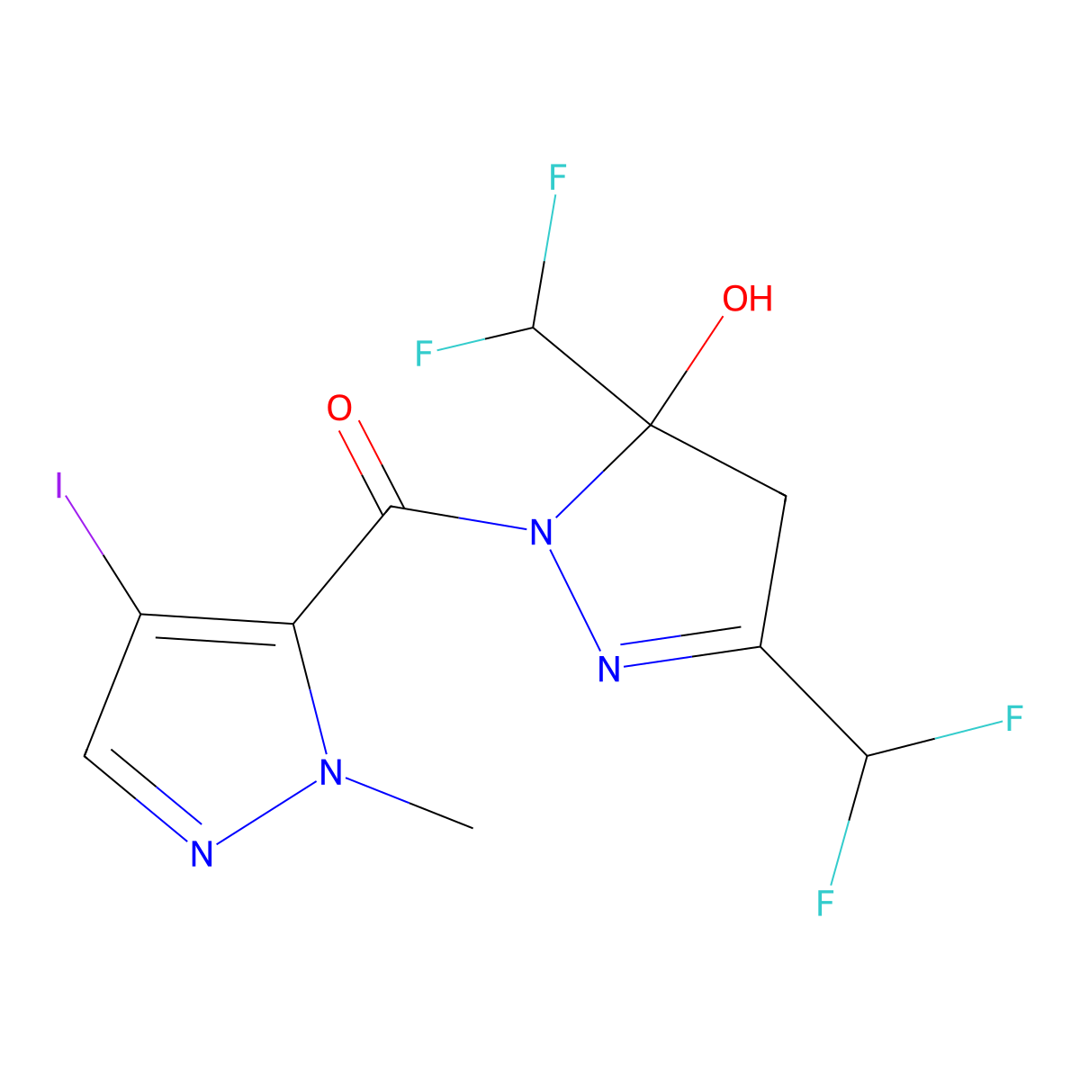 [3,5-bis(difluoromethyl)-5-hydroxy-4H-pyrazol-1-yl]-(4-iodo-2-methylpyrazol-3-yl)methanone molecular structure, CAS 512816-35-2