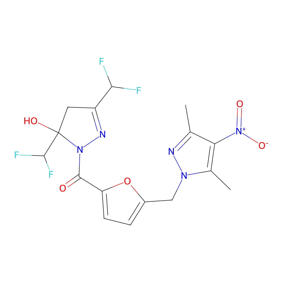 [3,5-bis(difluoromethyl)-5-hydroxy-4H-pyrazol-1-yl]-[5-[(3,5-dimethyl-4-nitropyrazol-1-yl)methyl]furan-2-yl]methanone molecular structure, CAS 512816-41-0
