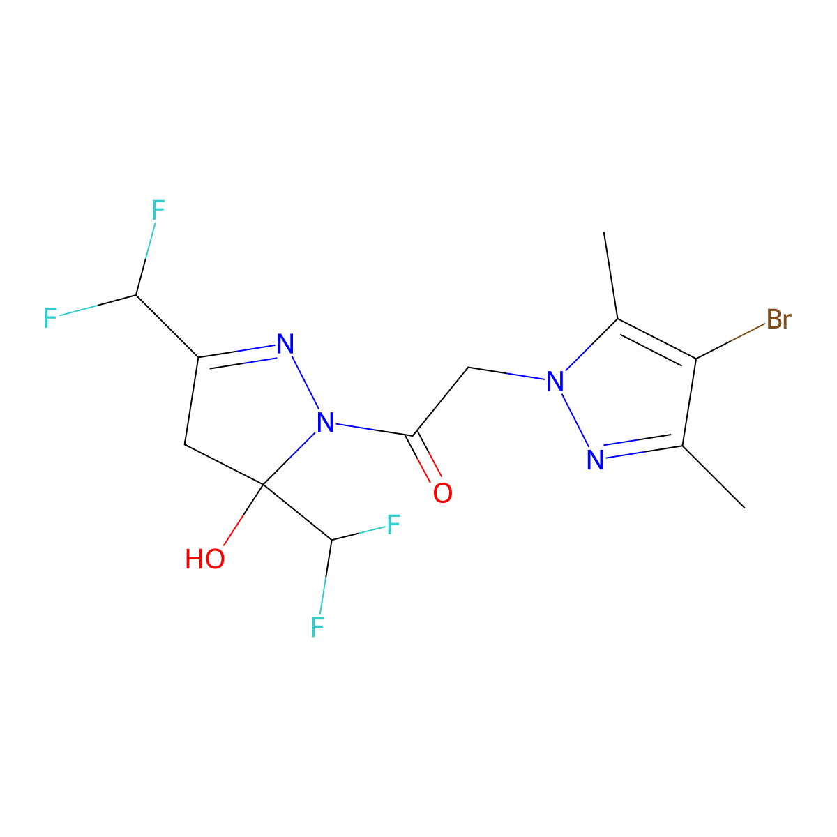 1-[3,5-bis(difluoromethyl)-5-hydroxy-4H-pyrazol-1-yl]-2-(4-bromo-3,5-dimethylpyrazol-1-yl)ethanone molecular structure, CAS 512816-52-3