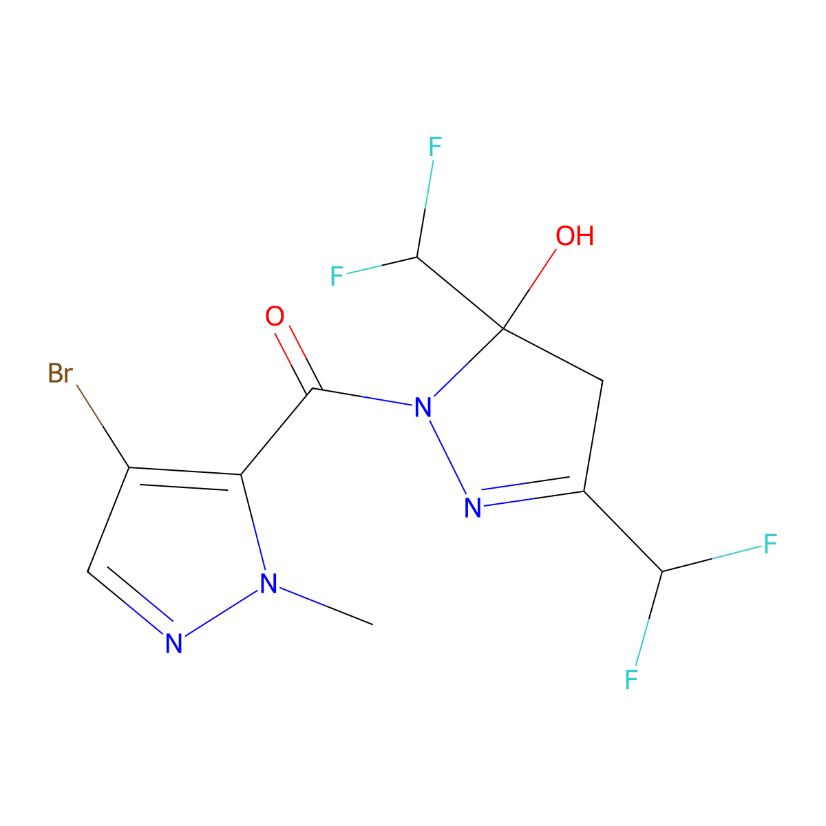 [3,5-bis(difluoromethyl)-5-hydroxy-4H-pyrazol-1-yl]-(4-bromo-2-methylpyrazol-3-yl)methanone molecular structure, CAS 512816-61-4