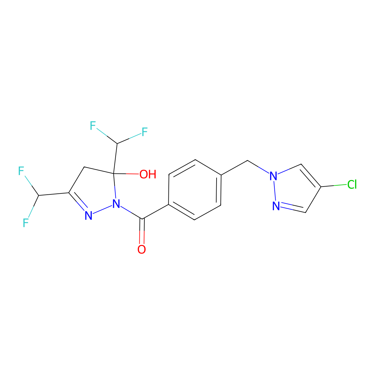 [3,5-bis(difluoromethyl)-5-hydroxy-4H-pyrazol-1-yl]-[4-[(4-chloropyrazol-1-yl)methyl]phenyl]methanone molecular structure, CAS 512816-67-0