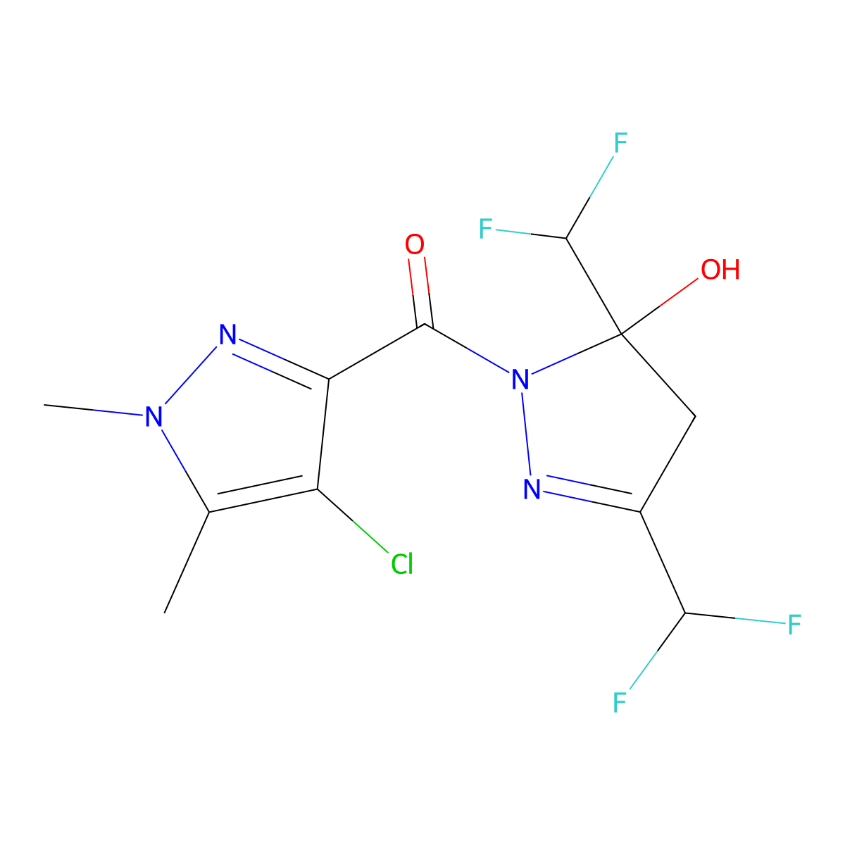 [3,5-bis(difluoromethyl)-5-hydroxy-4H-pyrazol-1-yl]-(4-chloro-1,5-dimethylpyrazol-3-yl)methanone molecular structure, CAS 512816-74-9