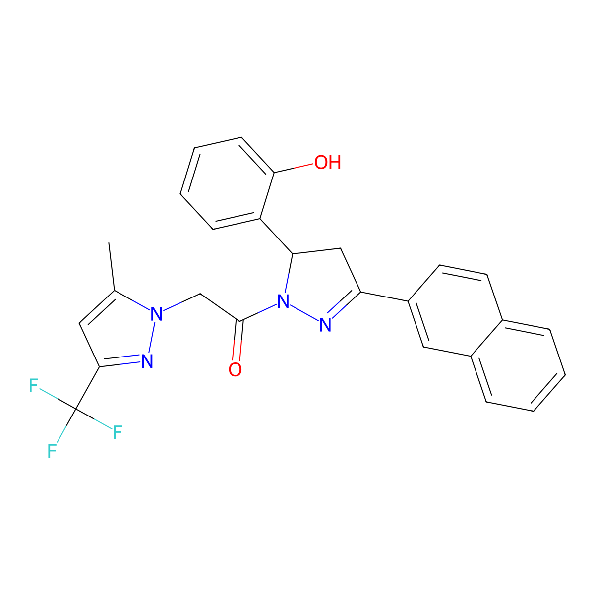 1-[3-(2-Hydroxyphenyl)-5-naphthalen-2-yl-3,4-dihydropyrazol-2-yl]-2-[5-methyl-3-(trifluoromethyl)pyrazol-1-yl]ethanone molecular structure, CAS 512816-93-2