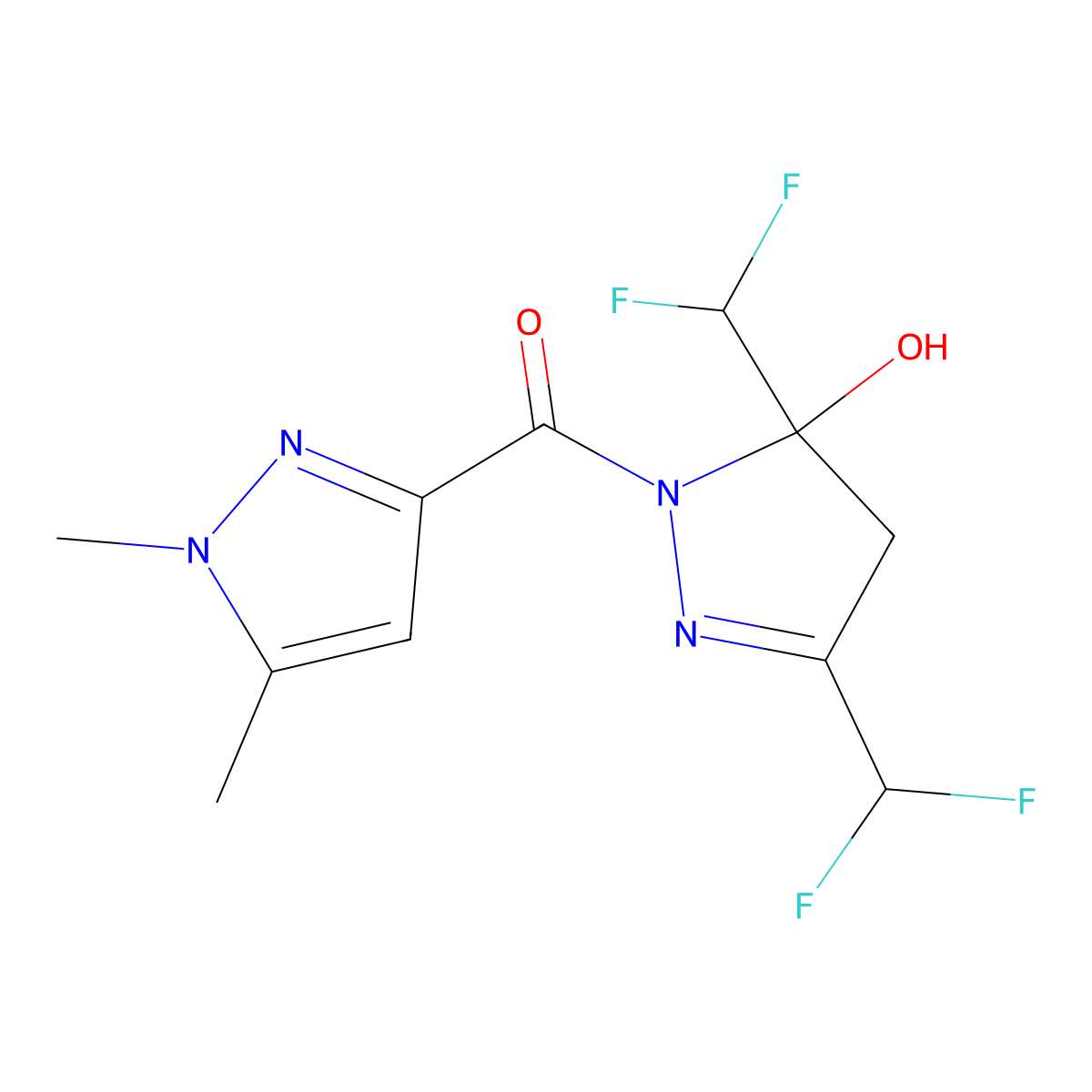[3,5-bis(difluoromethyl)-5-hydroxy-4H-pyrazol-1-yl]-(1,5-dimethylpyrazol-3-yl)methanone molecular structure, CAS 512817-06-0