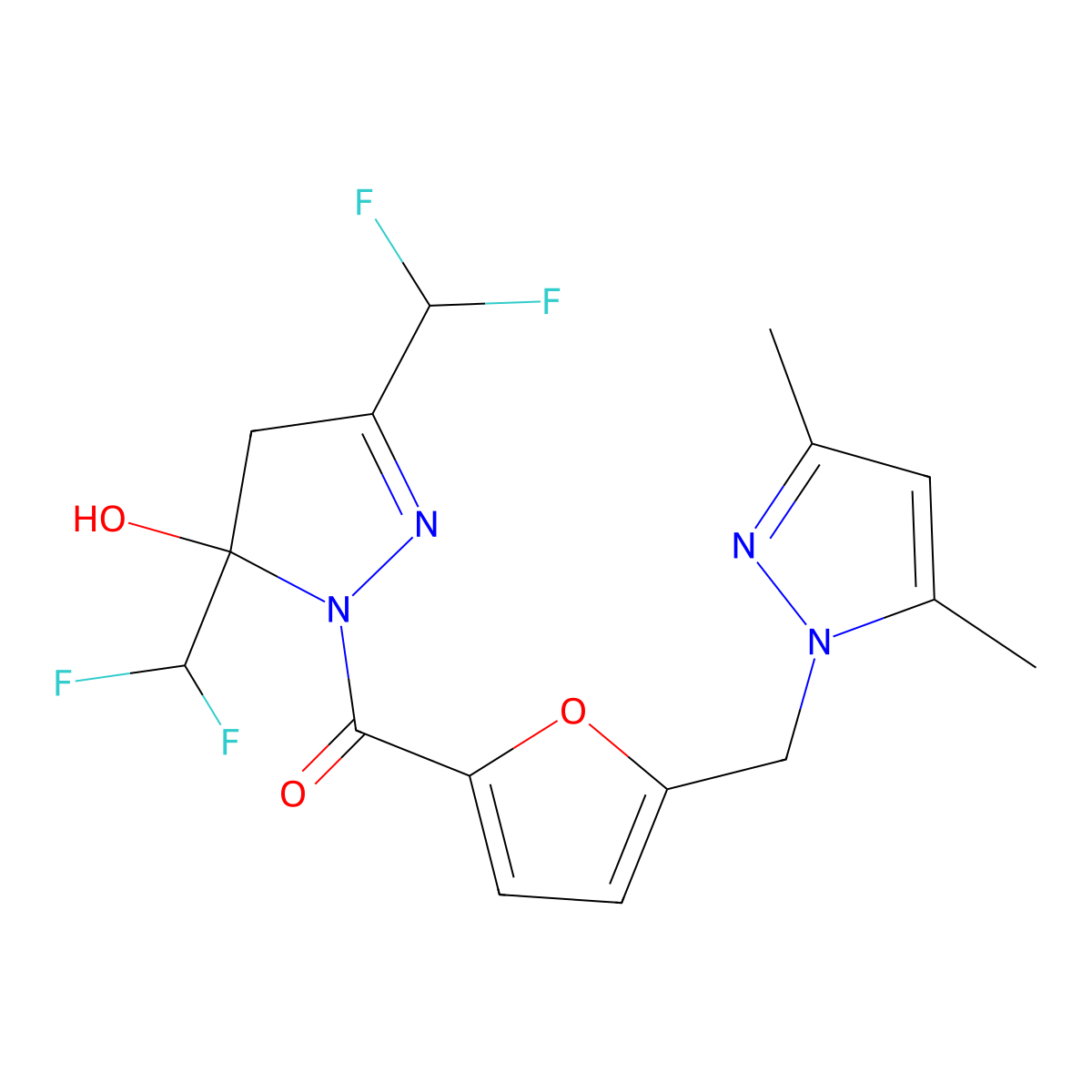 [3,5-bis(difluoromethyl)-5-hydroxy-4H-pyrazol-1-yl]-[5-[(3,5-dimethylpyrazol-1-yl)methyl]furan-2-yl]methanone molecular structure, CAS 512817-07-1