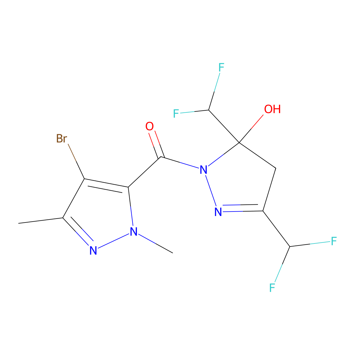 [3,5-bis(difluoromethyl)-5-hydroxy-4H-pyrazol-1-yl]-(4-bromo-2,5-dimethylpyrazol-3-yl)methanone molecular structure, CAS 512817-10-6