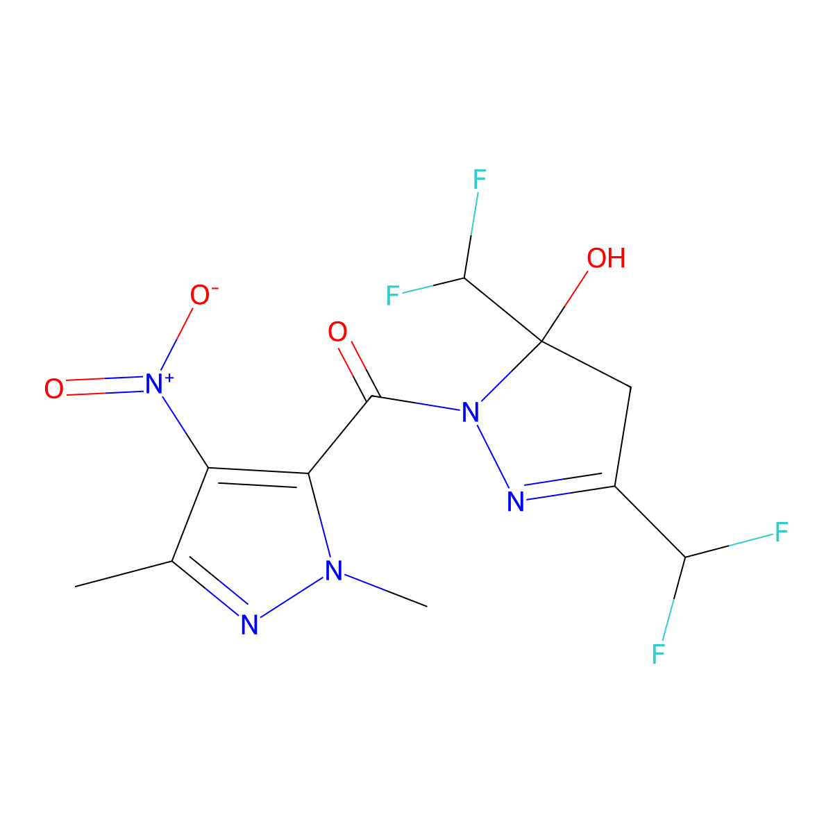 [3,5-bis(difluoromethyl)-5-hydroxy-4H-pyrazol-1-yl]-(2,5-dimethyl-4-nitropyrazol-3-yl)methanone molecular structure, CAS 512817-12-8