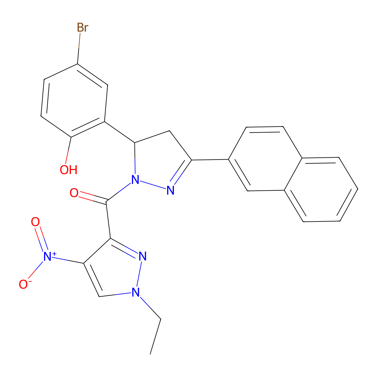 [3-(5-Bromo-2-hydroxyphenyl)-5-naphthalen-2-yl-3,4-dihydropyrazol-2-yl]-(1-ethyl-4-nitropyrazol-3-yl)methanone molecular structure, CAS 512817-16-2