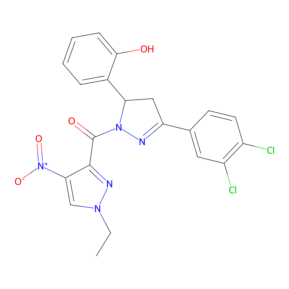 [5-(3,4-Dichlorophenyl)-3-(2-hydroxyphenyl)-3,4-dihydropyrazol-2-yl]-(1-ethyl-4-nitropyrazol-3-yl)methanone molecular structure, CAS 512817-24-2