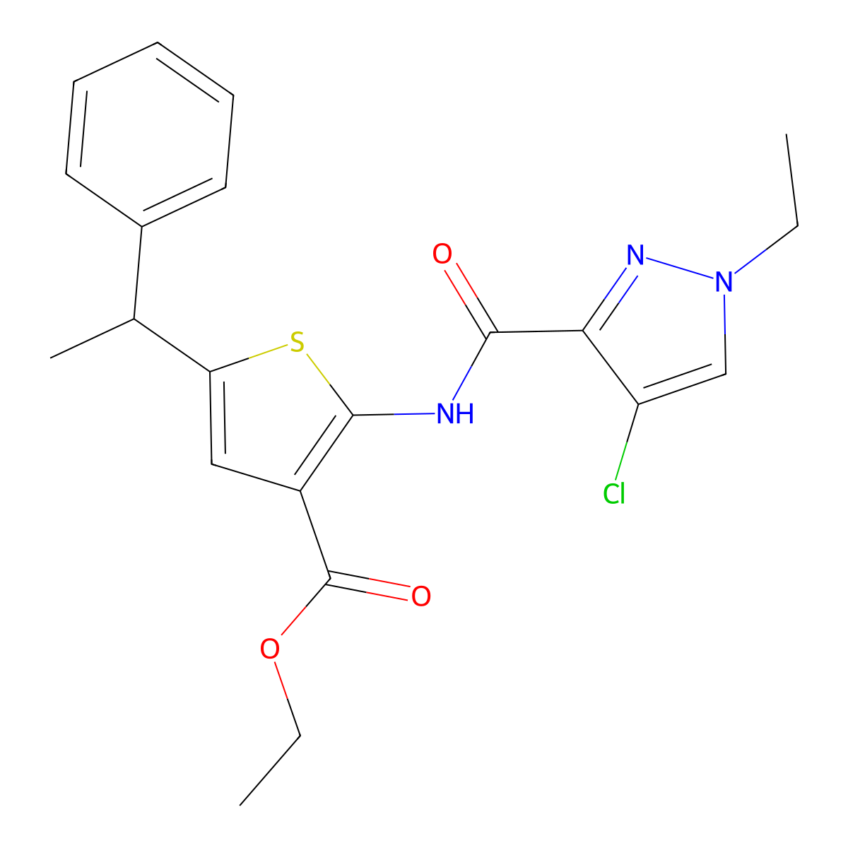 Ethyl 2-{[(4-chloro-1-ethyl-1H-pyrazol-3-YL)carbonyl]amino}-5-(1-phenylethyl)-3-thiophenecarboxylate molecular structure, CAS 512817-25-3