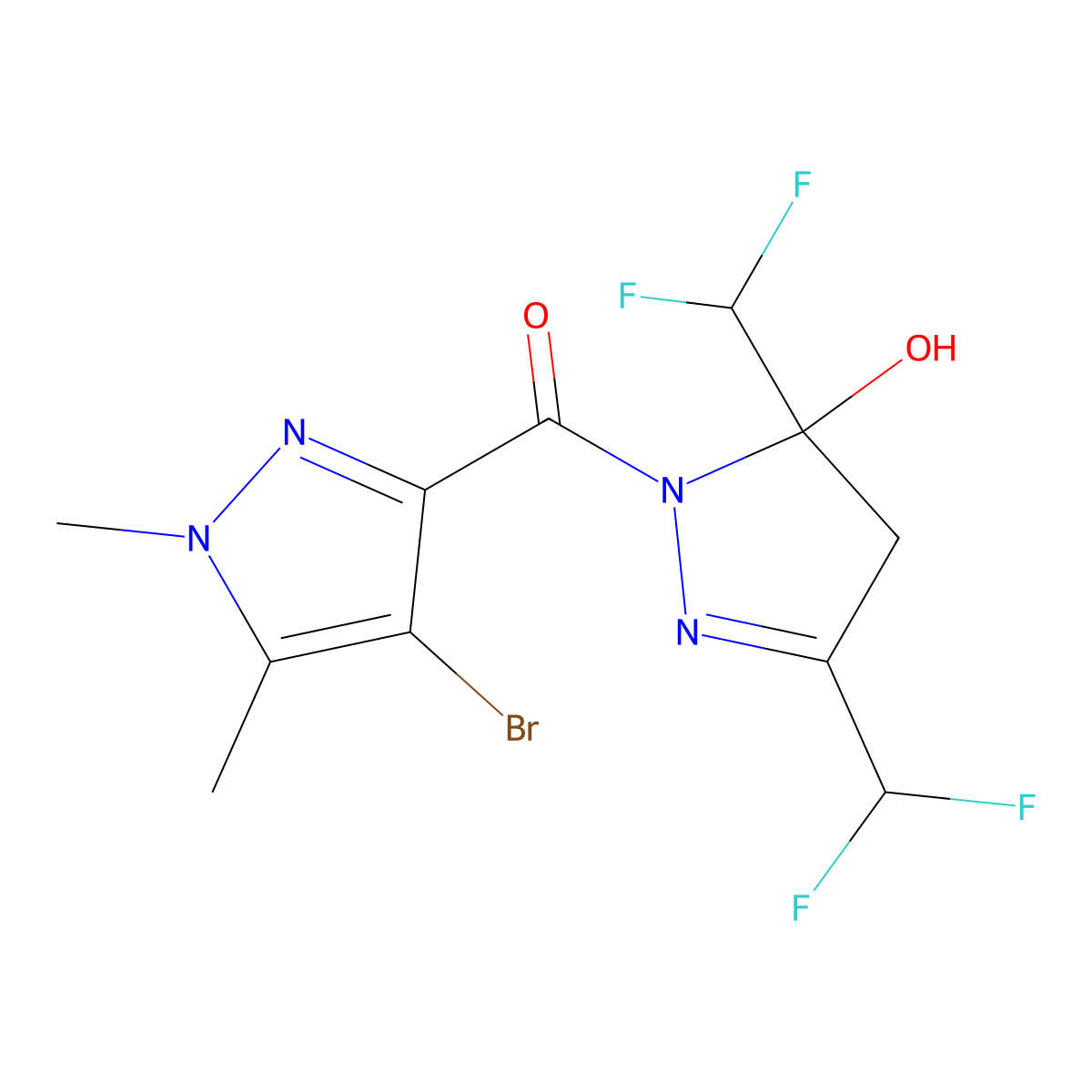 [3,5-bis(difluoromethyl)-5-hydroxy-4H-pyrazol-1-yl]-(4-bromo-1,5-dimethylpyrazol-3-yl)methanone molecular structure, CAS 512817-47-9