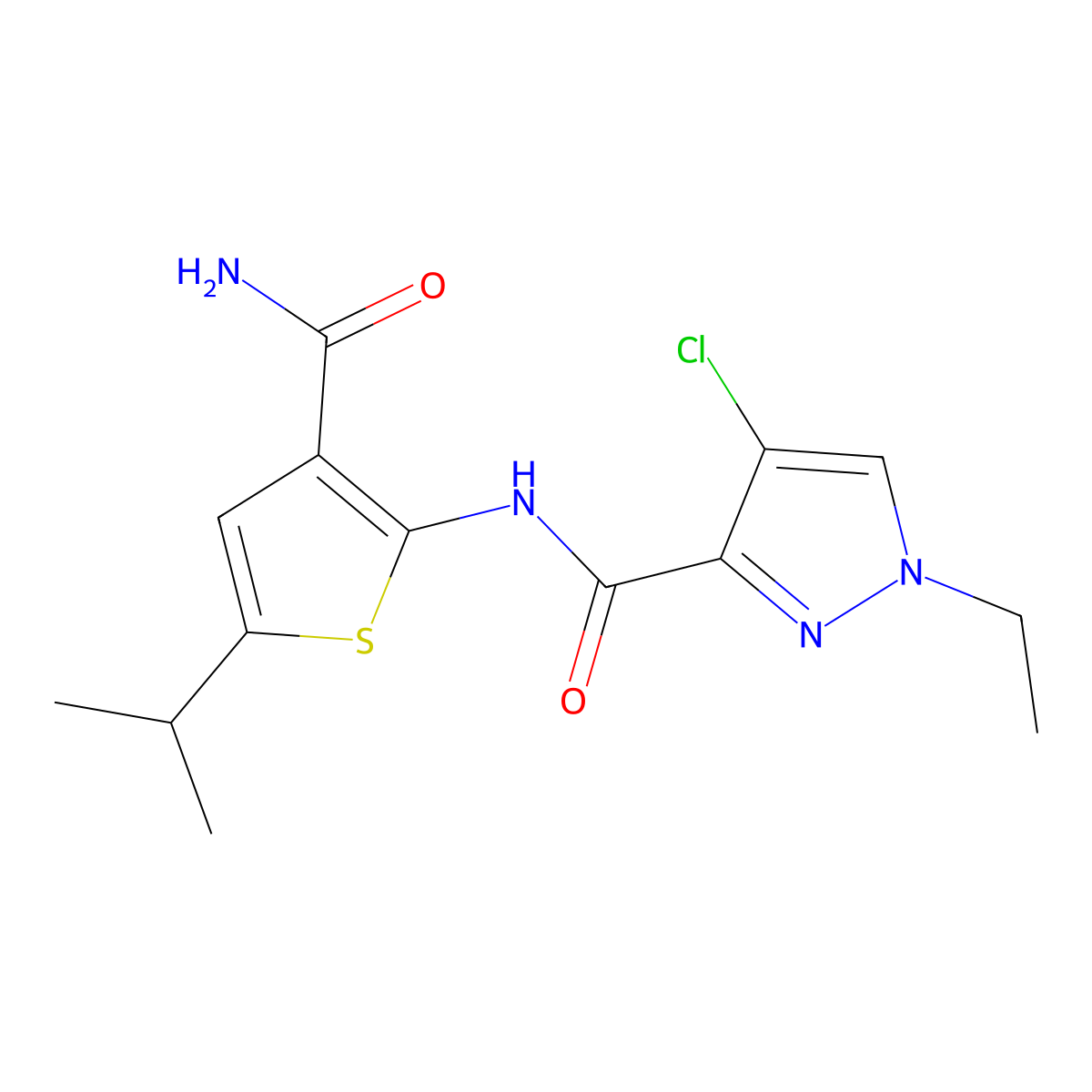 N-(3-carbamoyl-5-propan-2-ylthiophen-2-yl)-4-chloro-1-ethylpyrazole-3-carboxamide molecular structure, CAS 512817-48-0
