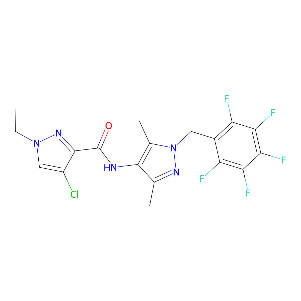 4-chloro-N-[3,5-dimethyl-1-(2,3,4,5,6-pentafluorobenzyl)-1H-pyrazol-4-yl]-1-ethyl-1H-pyrazole-3-carboxamide molecular structure, CAS 512817-62-8