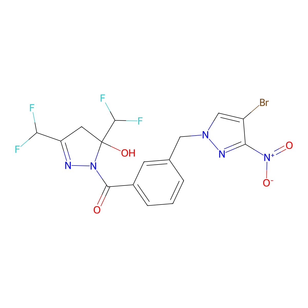 [3,5-bis(difluoromethyl)-5-hydroxy-4H-pyrazol-1-yl]-[3-[(4-bromo-3-nitropyrazol-1-yl)methyl]phenyl]methanone molecular structure, CAS 512817-66-2