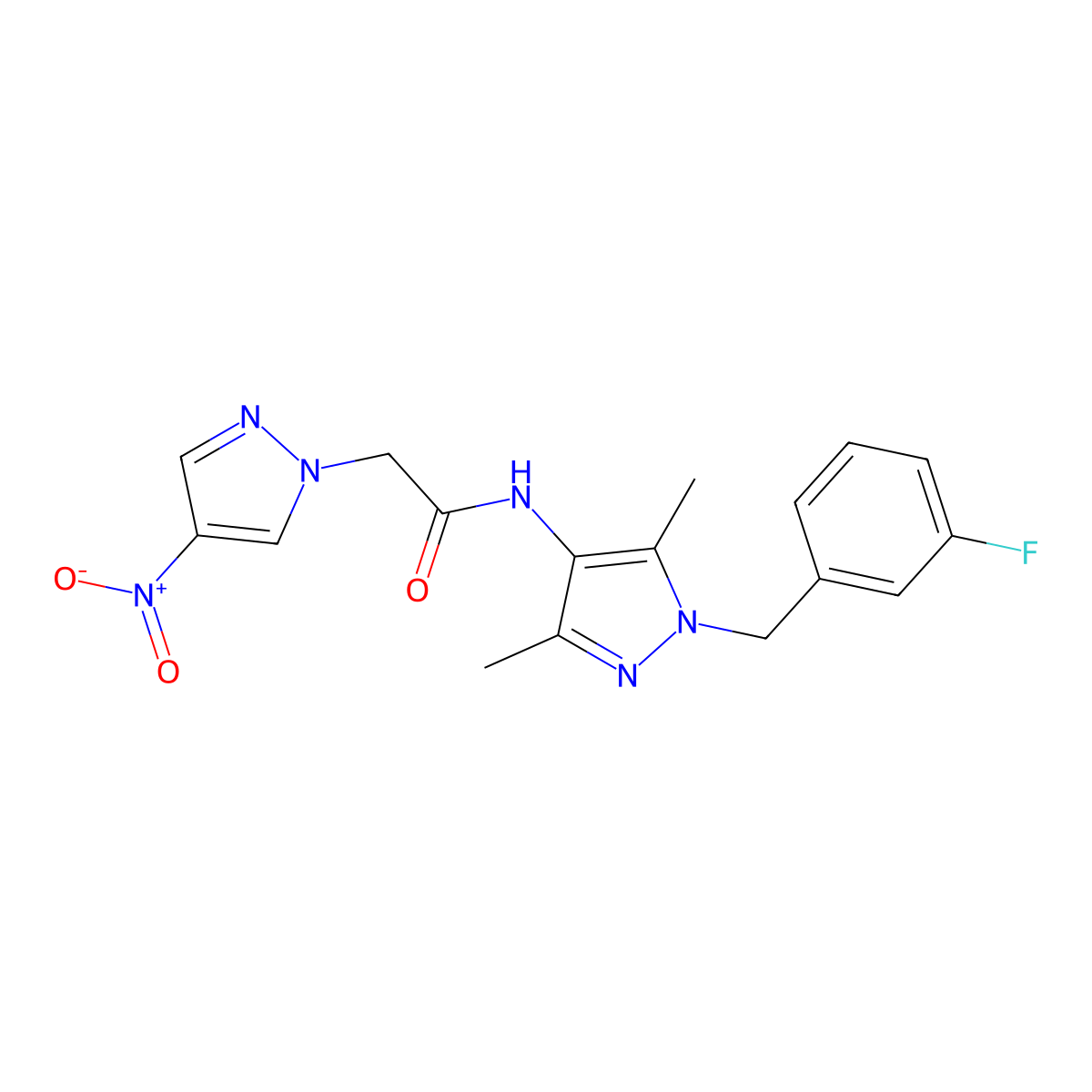 N-[1-[(3-fluorophenyl)methyl]-3,5-dimethylpyrazol-4-yl]-2-(4-nitropyrazol-1-yl)acetamide molecular structure, CAS 512817-69-5