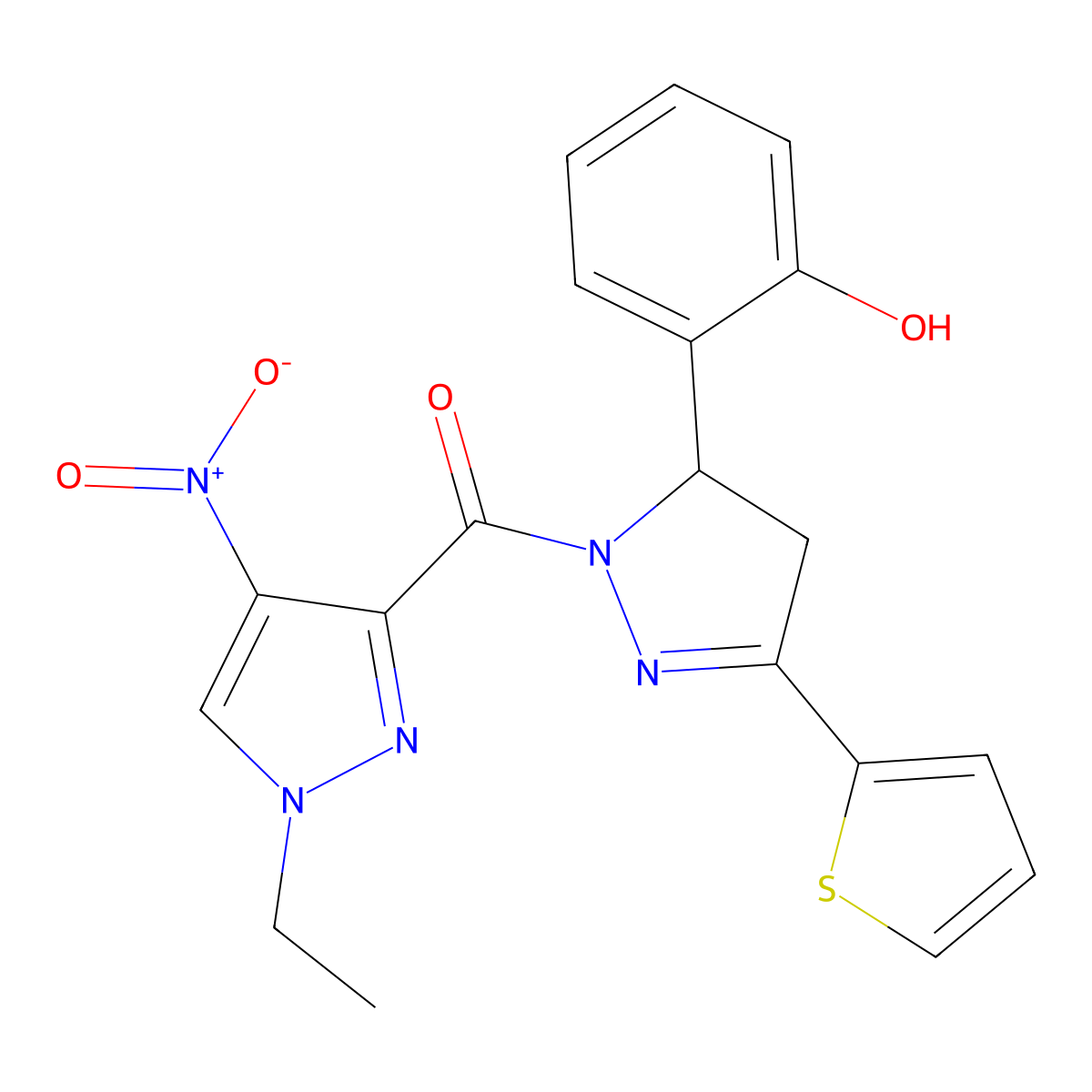 (1-Ethyl-4-nitropyrazol-3-yl)-[3-(2-hydroxyphenyl)-5-thiophen-2-yl-3,4-dihydropyrazol-2-yl]methanone molecular structure, CAS 512817-80-0