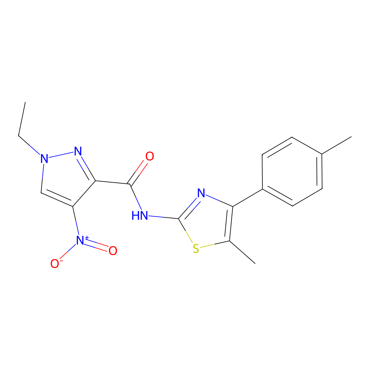 1-ethyl-N-[5-methyl-4-(4-methylphenyl)-1,3-thiazol-2-yl]-4-nitropyrazole-3-carboxamide molecular structure, CAS 512817-82-2