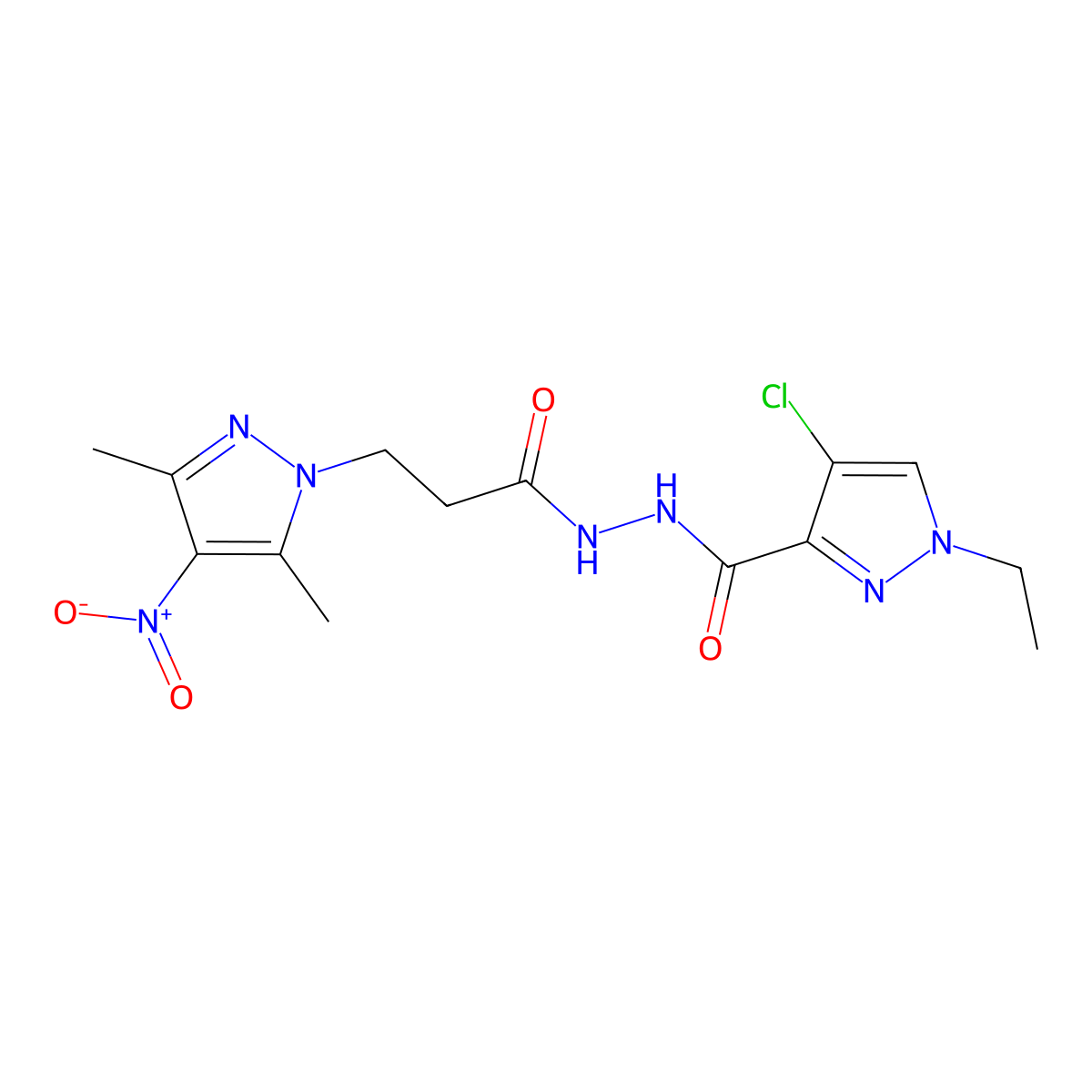 4-chloro-N'-[3-(3,5-dimethyl-4-nitropyrazol-1-yl)propanoyl]-1-ethylpyrazole-3-carbohydrazide molecular structure, CAS 512817-87-7