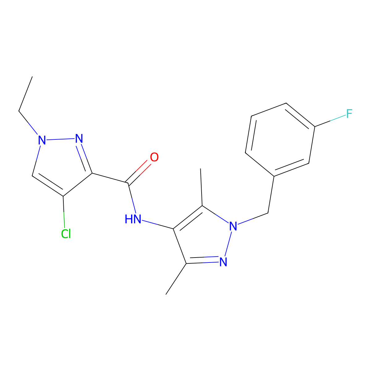 4-chloro-1-ethyl-N-[1-(3-fluorobenzyl)-3,5-dimethyl-1H-pyrazol-4-yl]-1H-pyrazole-3-carboxamide molecular structure, CAS 512817-97-9
