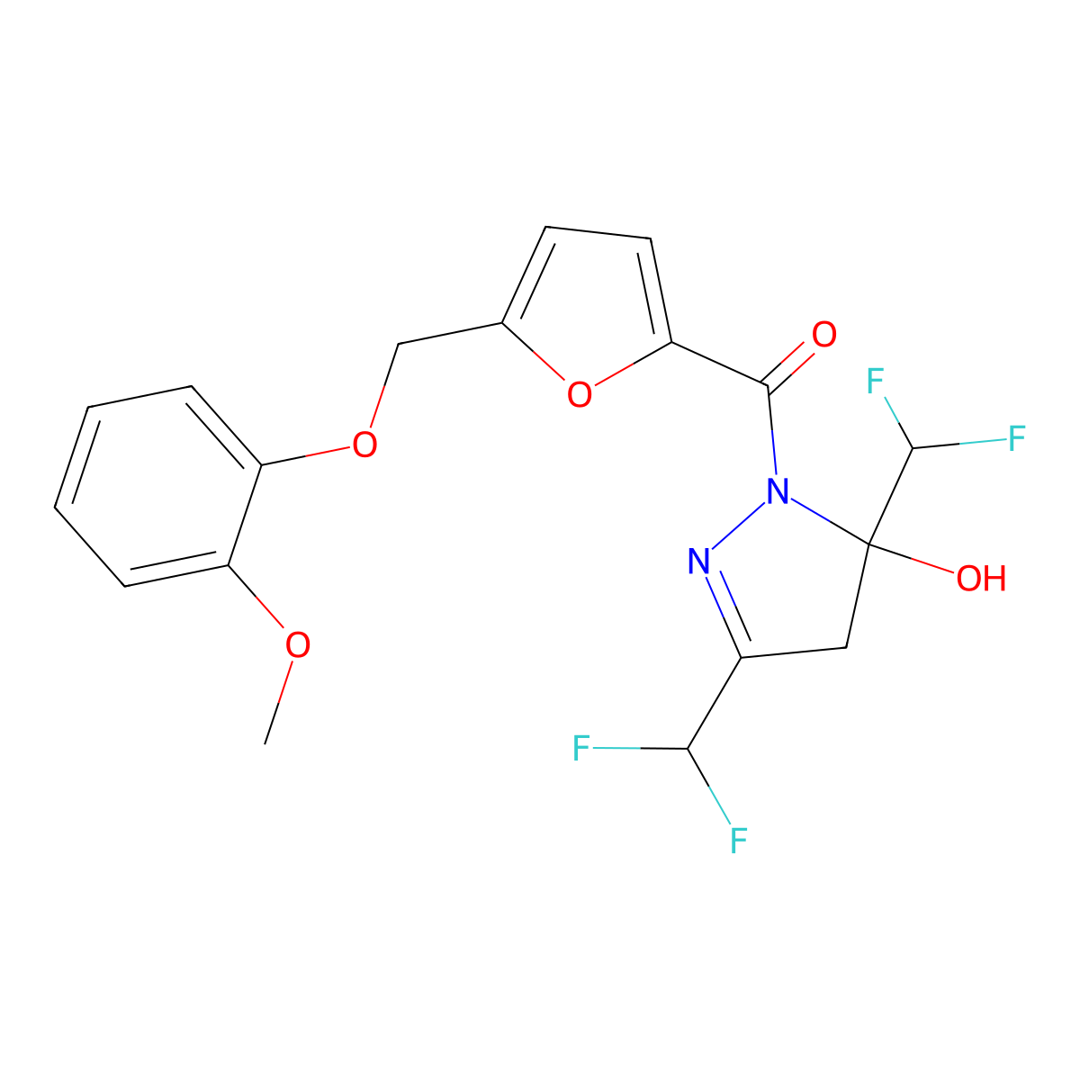 [3,5-bis(difluoromethyl)-5-hydroxy-4H-pyrazol-1-yl]-[5-[(2-methoxyphenoxy)methyl]furan-2-yl]methanone molecular structure, CAS 512818-07-4