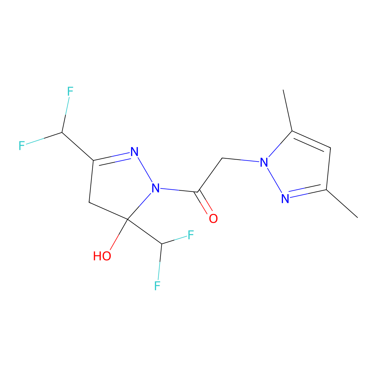 1-[3,5-bis(difluoromethyl)-5-hydroxy-4H-pyrazol-1-yl]-2-(3,5-dimethylpyrazol-1-yl)ethanone molecular structure, CAS 512818-08-5