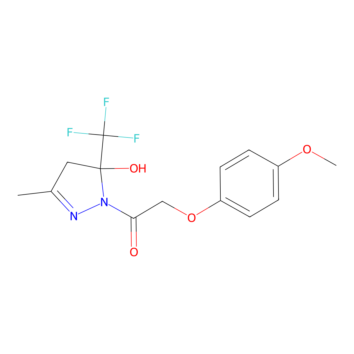 1-[5-hydroxy-3-methyl-5-(trifluoromethyl)-4H-pyrazol-1-yl]-2-(4-methoxyphenoxy)ethanone molecular structure, CAS 512818-12-1