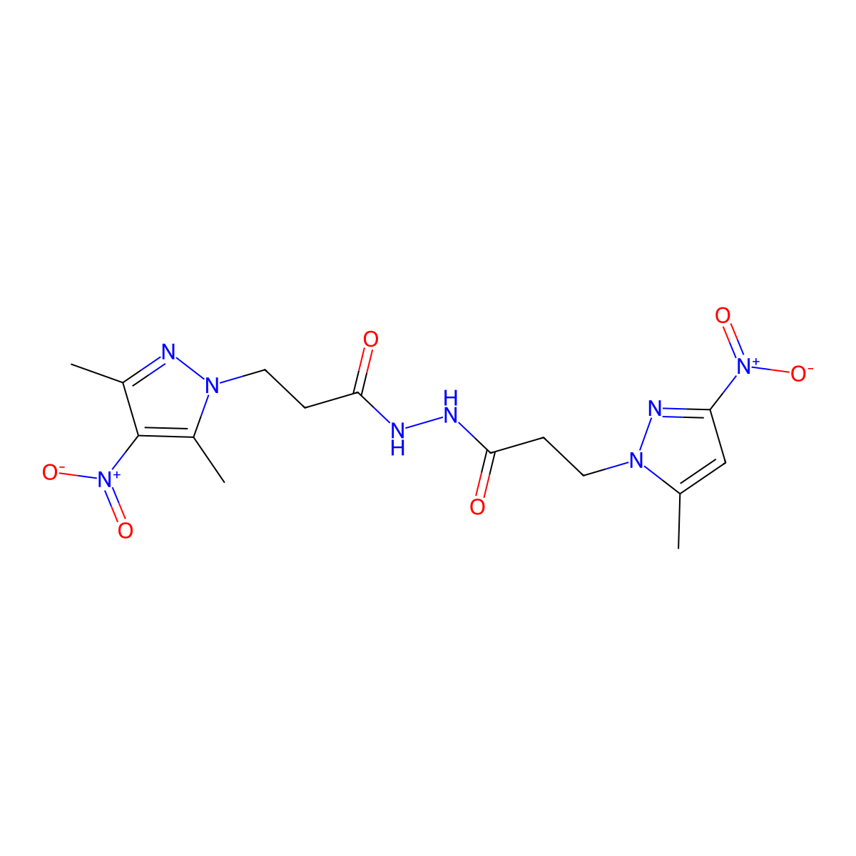 N'-[3-(3,5-dimethyl-4-nitropyrazol-1-yl)propanoyl]-3-(5-methyl-3-nitropyrazol-1-yl)propanehydrazide molecular structure, CAS 512818-24-5