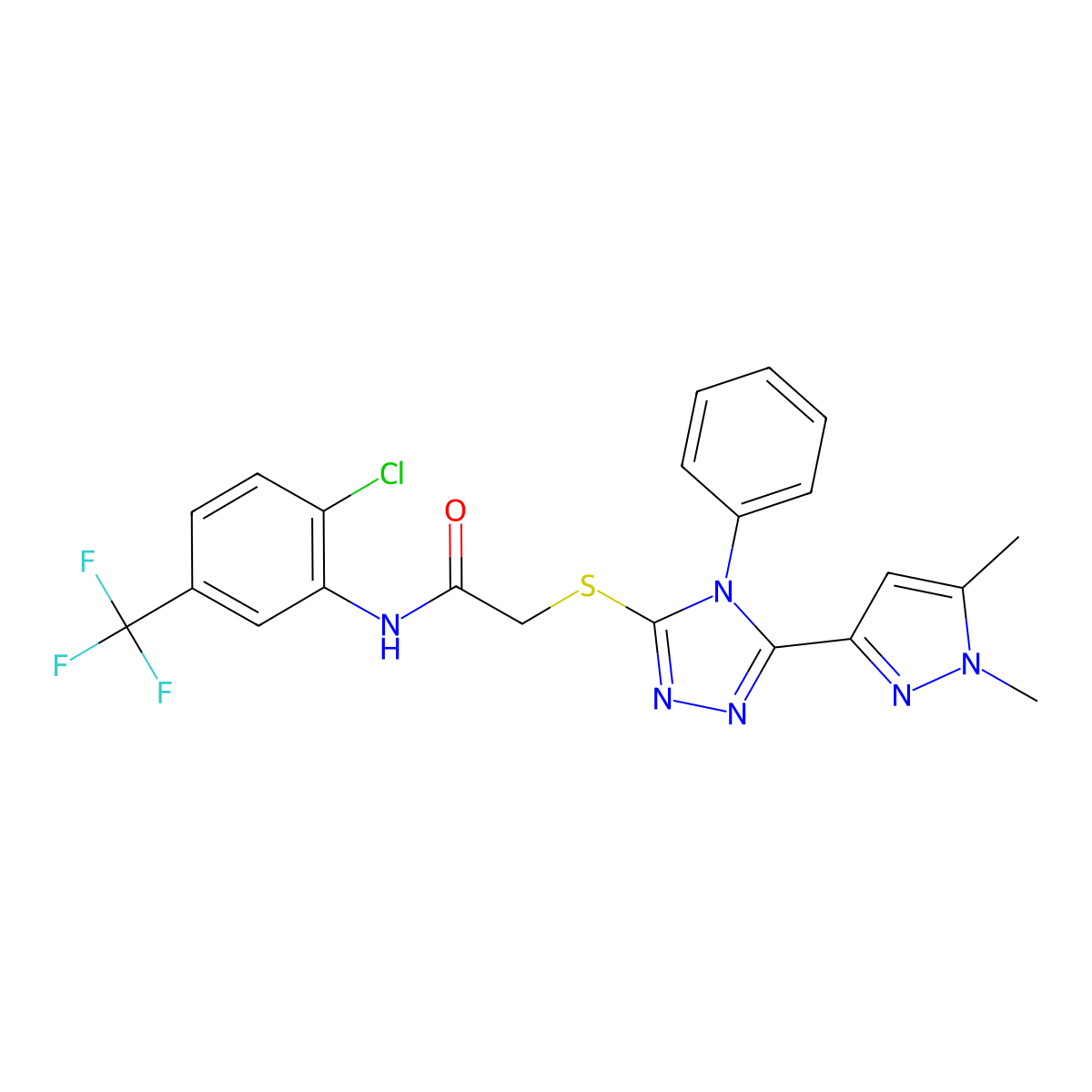 N-[2-chloro-5-(trifluoromethyl)phenyl]-2-{[5-(1,5-dimethyl-1H-pyrazol-3-yl)-4-phenyl-4H-1,2,4-triazol-3-yl]sulfanyl}acetamide molecular structure, CAS 512822-89-8