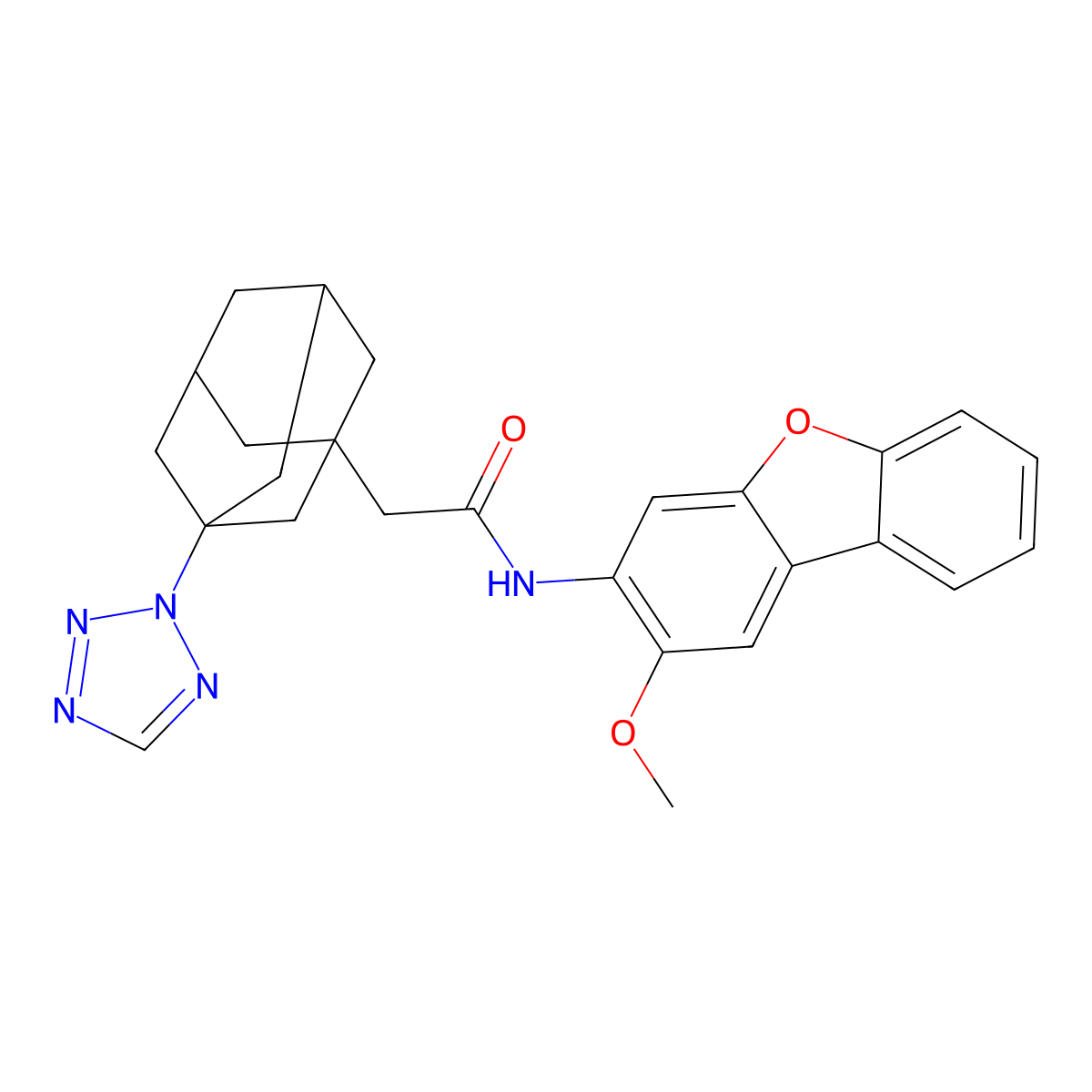 N-(2-methoxydibenzofuran-3-yl)-2-[3-(tetrazol-2-yl)-1-adamantyl]acetamide molecular structure, CAS 512822-92-3
