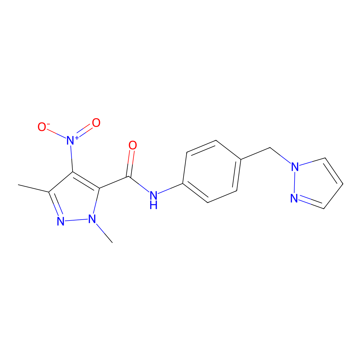 2,5-dimethyl-4-nitro-N-[4-(1-pyrazolylmethyl)phenyl]-3-pyrazolecarboxamide molecular structure, CAS 512822-95-6