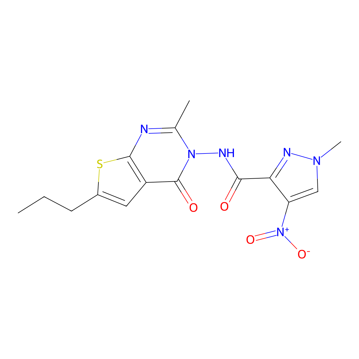 1-methyl-N-(2-methyl-4-oxo-6-propylthieno[2,3-d]pyrimidin-3-yl)-4-nitropyrazole-3-carboxamide molecular structure, CAS 512823-01-7
