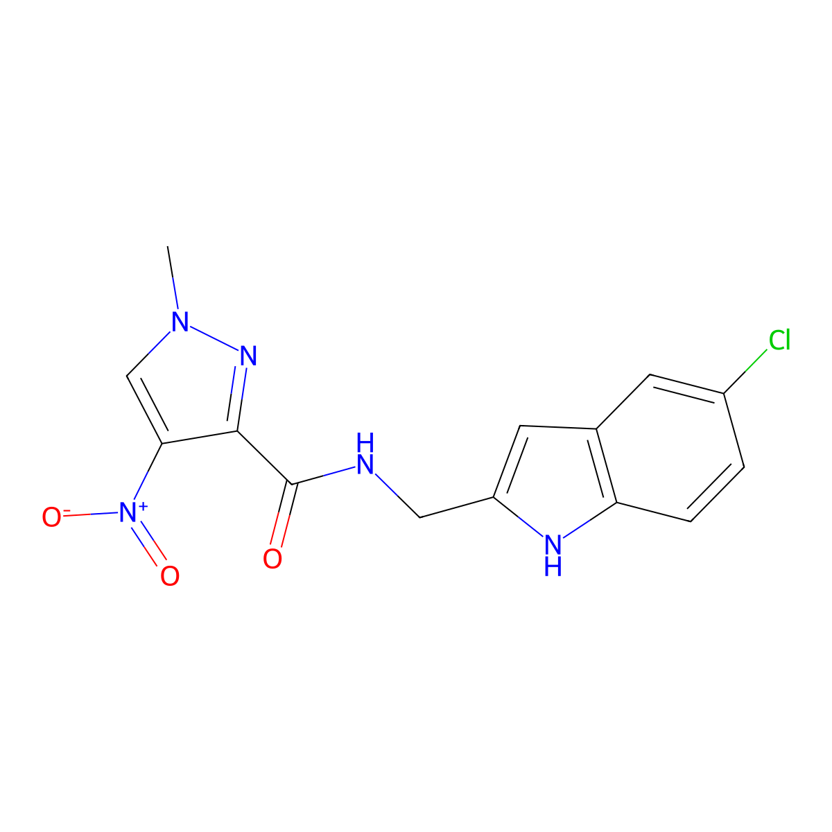 N-[(5-chloro-1H-indol-2-yl)methyl]-1-methyl-4-nitropyrazole-3-carboxamide molecular structure, CAS 512823-12-0