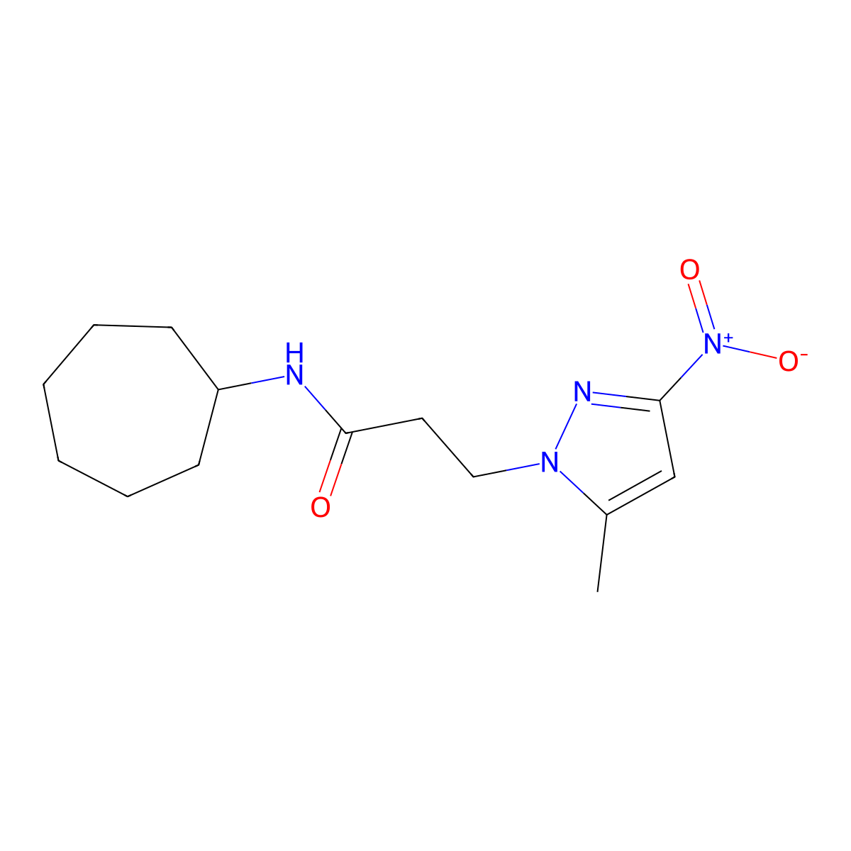 N-cycloheptyl-3-{3-nitro-5-methyl-1H-pyrazol-1-yl}propanamide molecular structure, CAS 512823-15-3
