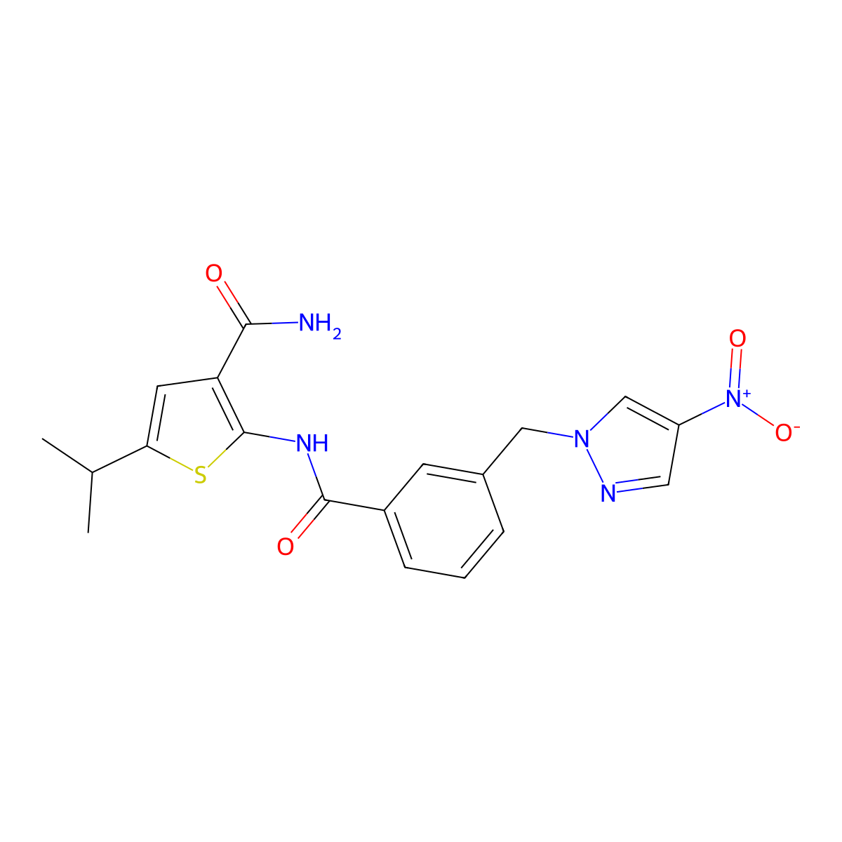 2-[[3-[(4-Nitropyrazol-1-yl)methyl]benzoyl]amino]-5-propan-2-ylthiophene-3-carboxamide molecular structure, CAS 512823-24-4