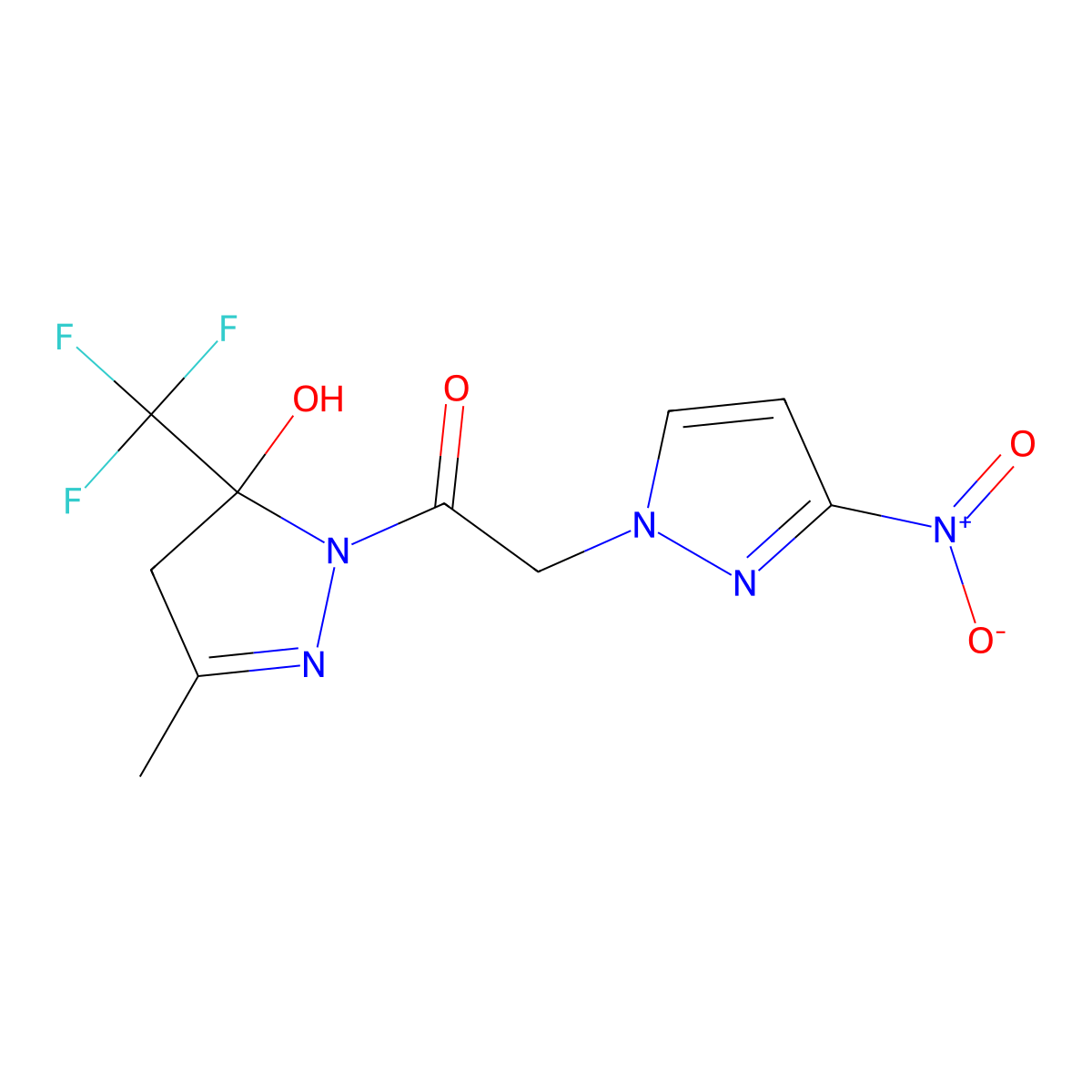 1-[5-hydroxy-3-methyl-5-(trifluoromethyl)-4H-pyrazol-1-yl]-2-(3-nitropyrazol-1-yl)ethanone molecular structure, CAS 512823-27-7