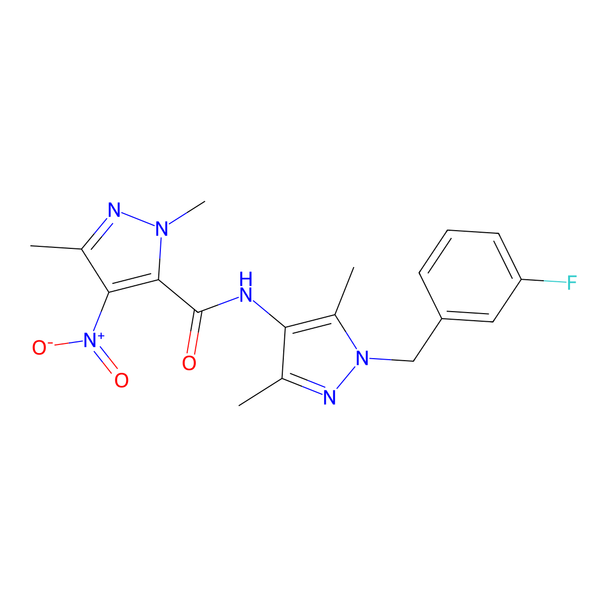 N-[1-[(3-fluorophenyl)methyl]-3,5-dimethylpyrazol-4-yl]-2,5-dimethyl-4-nitropyrazole-3-carboxamide molecular structure, CAS 512823-30-2